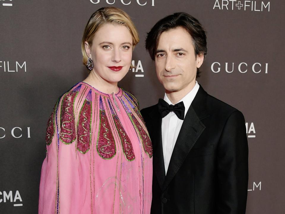 Greta Gerwig and Noah Baumbach, both wearing Gucci, attend the 2019 LACMA Art + Film Gala Presented By Gucci at LACMA on November 02, 2019 in Los Angeles, California