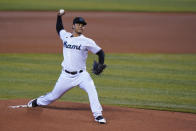 Miami Marlins' Elieser Hernandez pitches during the first inning of the team's baseball game against the Toronto Blue Jays, Tuesday, Sept. 1, 2020, in Miami. (AP Photo/Wilfredo Lee)