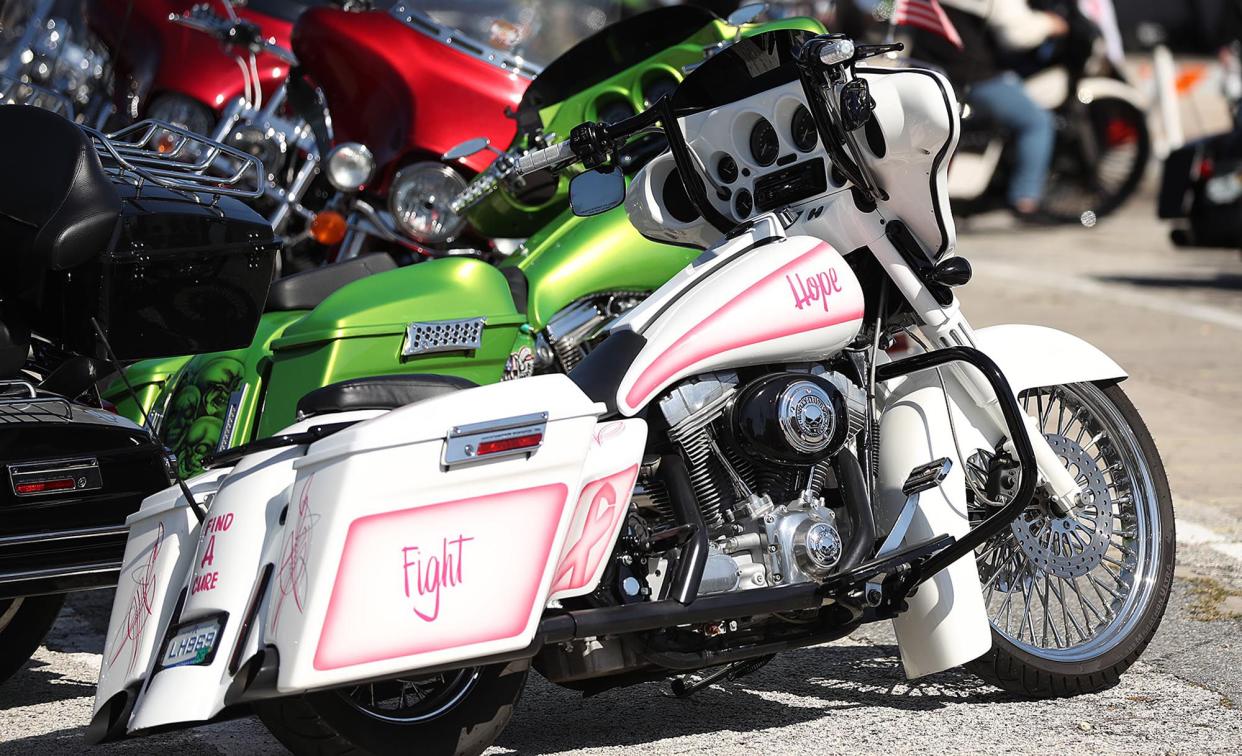 A motorcycle is painted to honor breast cancer awareness during Bike Week in Daytona Beach on Monday, March 8, 2021. (Stephen M. Dowell/Orlando Sentinel)