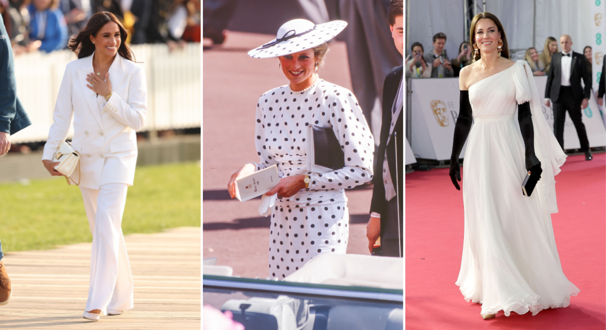 The Duchess of Sussex (left) and the Princess of Wales (right) often take style cues from their late mother-in-law, Diana (centre). (Getty Images)