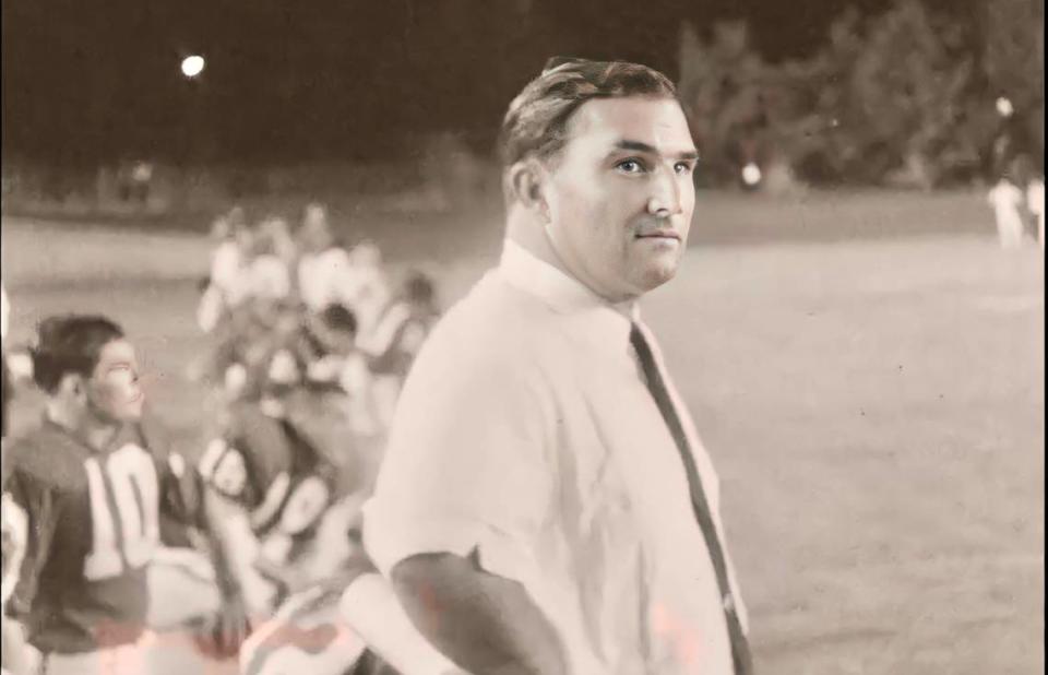 Kansas City Chiefs Coach Hank Stram at the Kansas City Chiefs-Denver Broncos game in Farrington Field, Aug. 28, 1964.