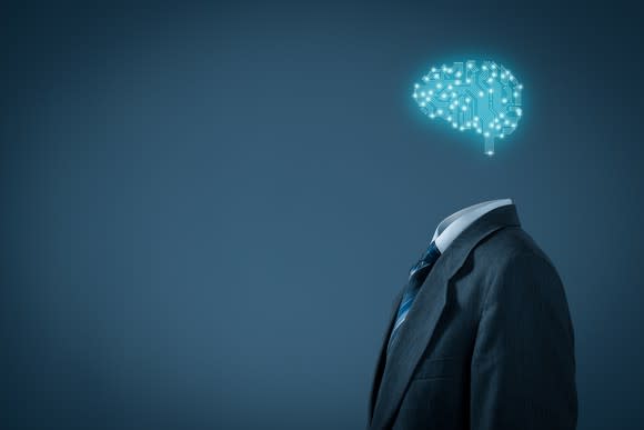 A blue cartoon brain atop an invisible man in a suit signifying artificial intelligence.