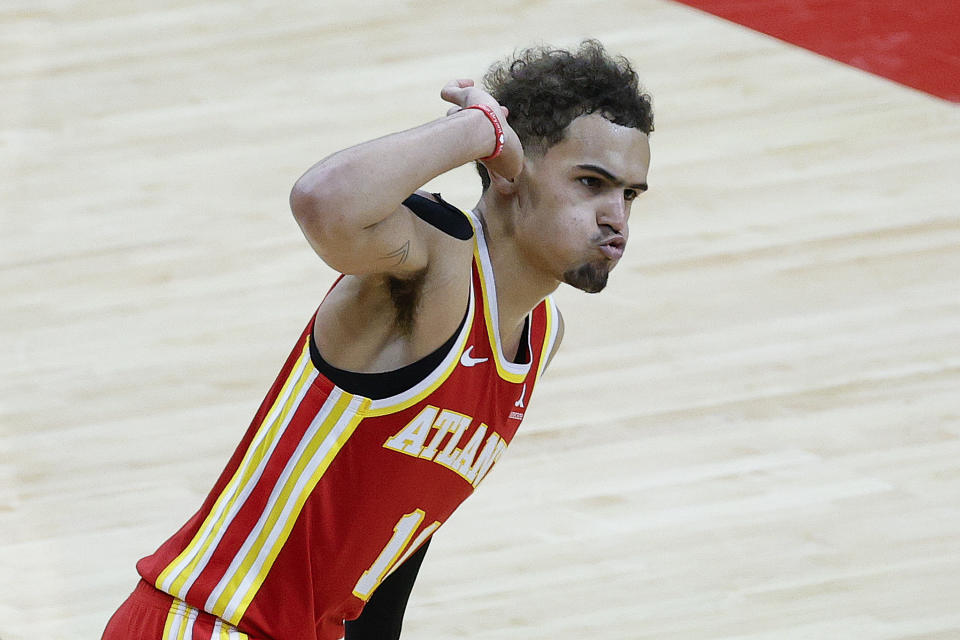 Atlanta Hawks star Trae Young listens to a silent Wells Fargo Center. (Tim Nwachukwu/Getty Images)