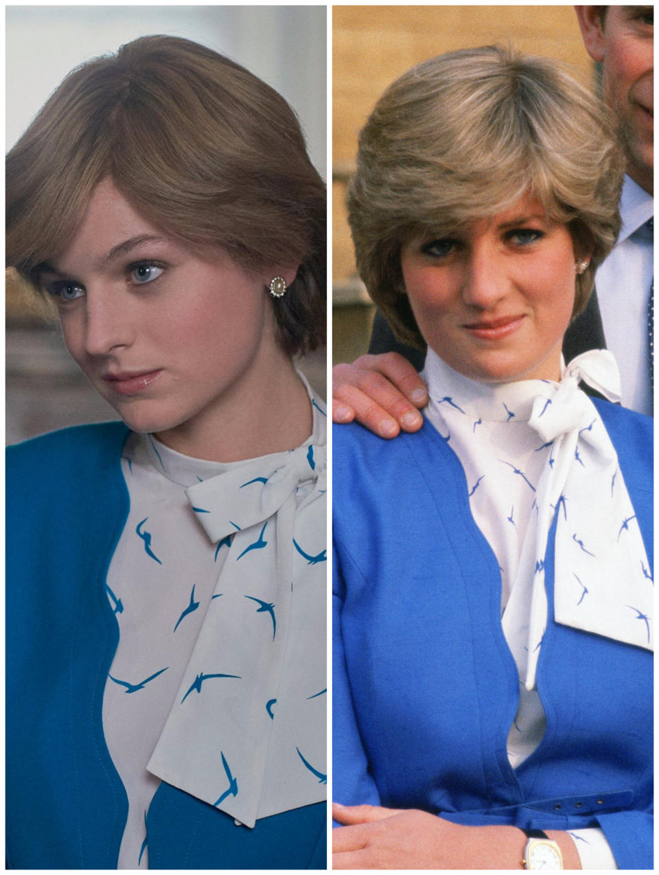 Emma Corrin in Season 4 of "The Crown" vs. the real Princess Diana