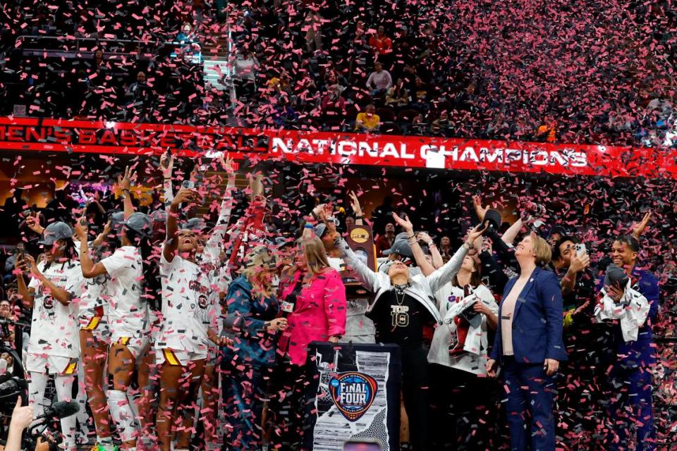 The Gamecocks celebrate winning the National Championship against Iowa at the Rocket Mortgage FieldHouse in Cleveland, Ohio for the National Championship game against Iowa on Sunday, April 7, 2024. Tracy Glantz/tglantz@thestate.com