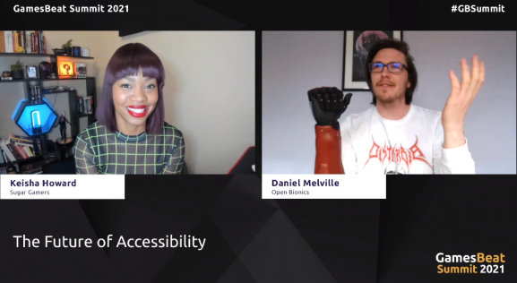 Keisha Howard of Sugar Games digs into making games and prosthetics more accessible with Daniel Melville (right), who has a Hero Arm from Open Bionics.