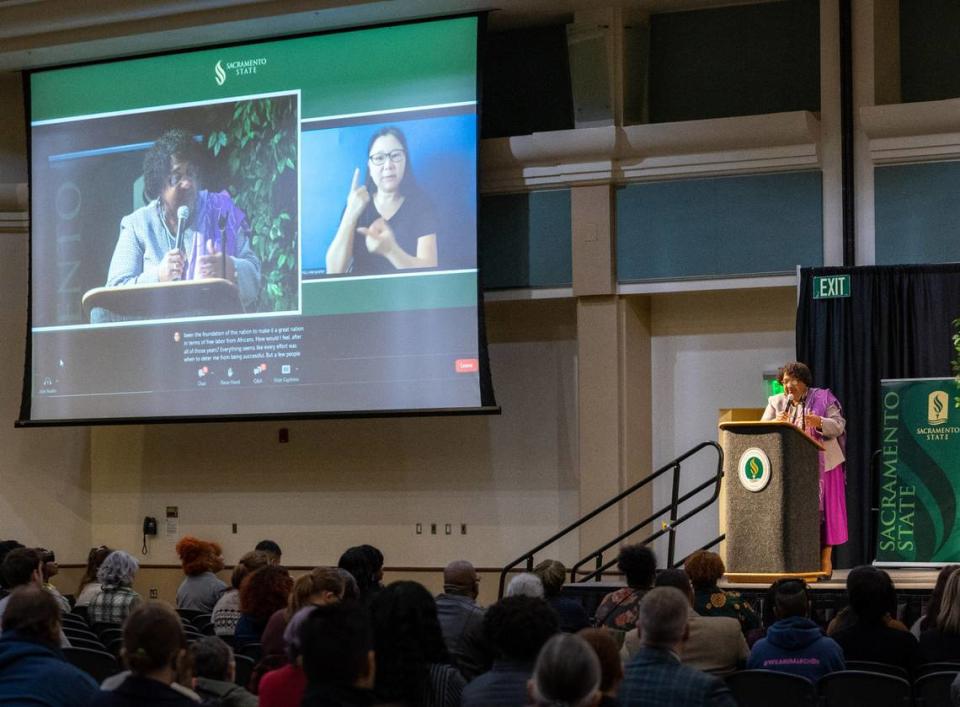 California Secretary of State Shirley Weber speaks about reparatory justice for Black Californians in the University Union Ballroom at California State University, Sacramento on February 7, 2023.