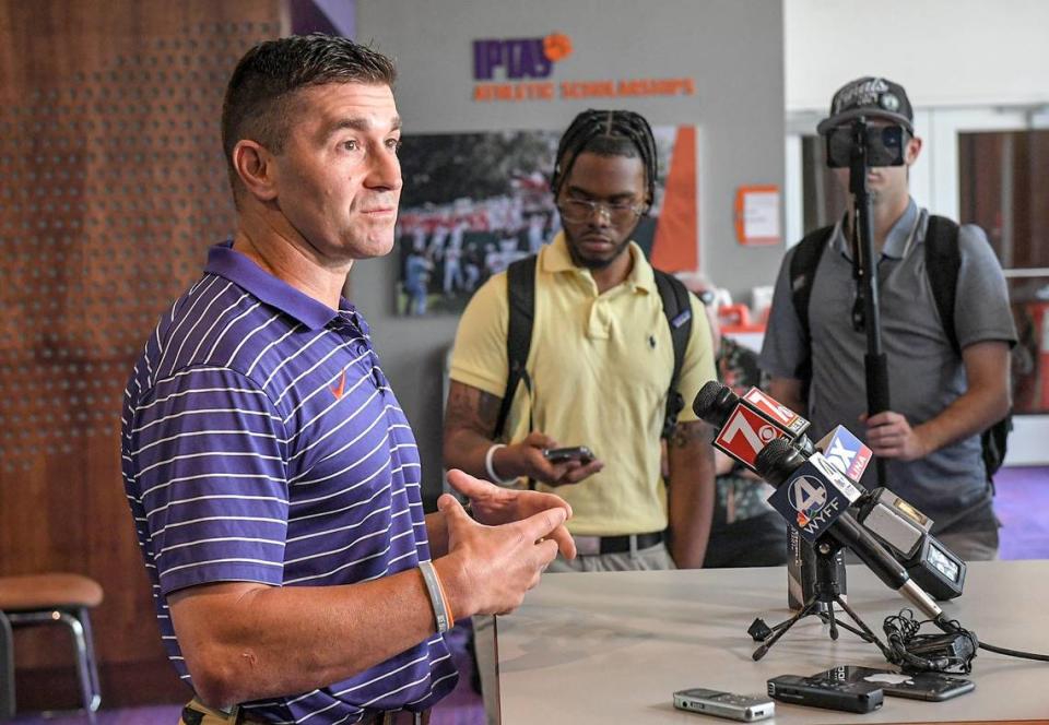 Clemson Head Coach Erik Bakich talks during an season wrap up press conference at Doug Kingsmore Stadium in Clemson, S.C. Wednesday, June 12, 2024.