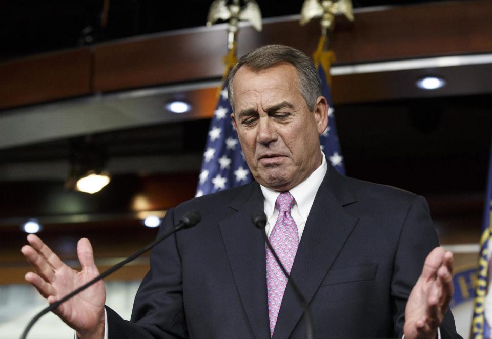 FILE - In this Feb. 6, 2014, photo, House Speaker John Boehner of Ohio gestures while speaking during a news conference on Capitol Hill in Washington. The road the country has been on for the past five years is now beginning to come to an end. The Federal Reserve, which pumped $3 trillion into the economy to keep the Great Recession from worsening, is withdrawing its financial lifeline amid signs of fresh economic growth. The nation’s gross domestic product is inching up and annual federal budget deficits are heading down. How Washington policymakers respond to the improvements in the economy may even sow the seeds for more cooperation in Washington. "The president’s policies are not working," Boehner declares.(AP Photo/J. Scott Applewhite)