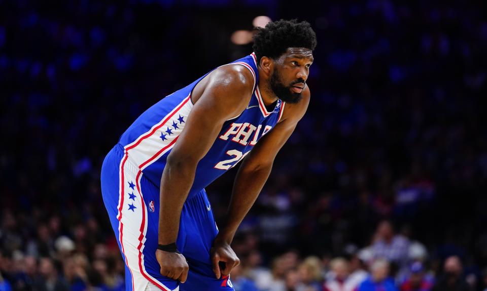 Philadelphia 76ers' Joel Embiid plays during Game 5 of an NBA basketball first-round playoff series, Monday, April 25, 2022, in Philadelphia. (AP Photo/Matt Slocum)