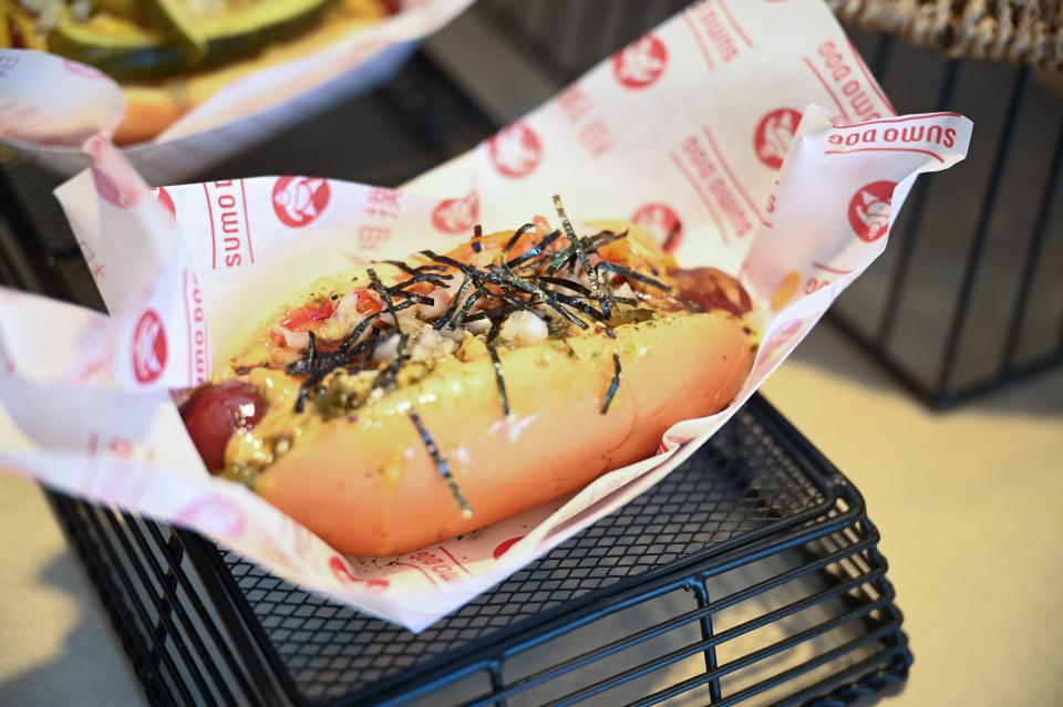 The Sumo Dog is a Japanese inspired hot dog that offers a unique twist on the ballpark classic.