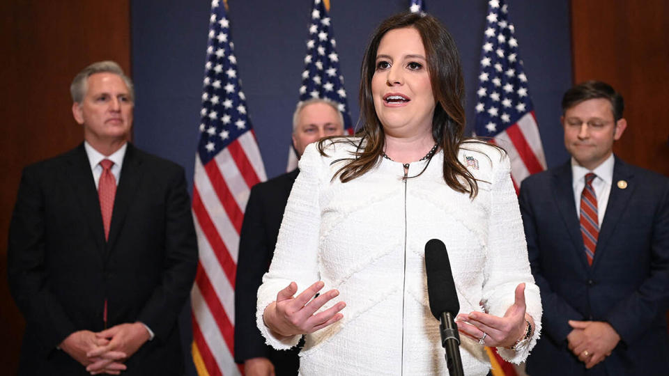 Rep. Elise Stefanik, R-N.Y., speaks to reporters after House Republicans voted for her as their conference chair Friday. (Photo by Mandel Ngan/AFP via Getty Images)