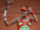 Serbia's Ana Ivanovic reacts after winning first set to Italy's Sara Errani hits a return to during their Women's Singles 3rd Round tennis match of the French Open tennis tournament at the Roland Garros stadium, on June 1, 2012 in Paris. AFP PHOTO / PASCAL GUYOTPASCAL GUYOT/AFP/GettyImages