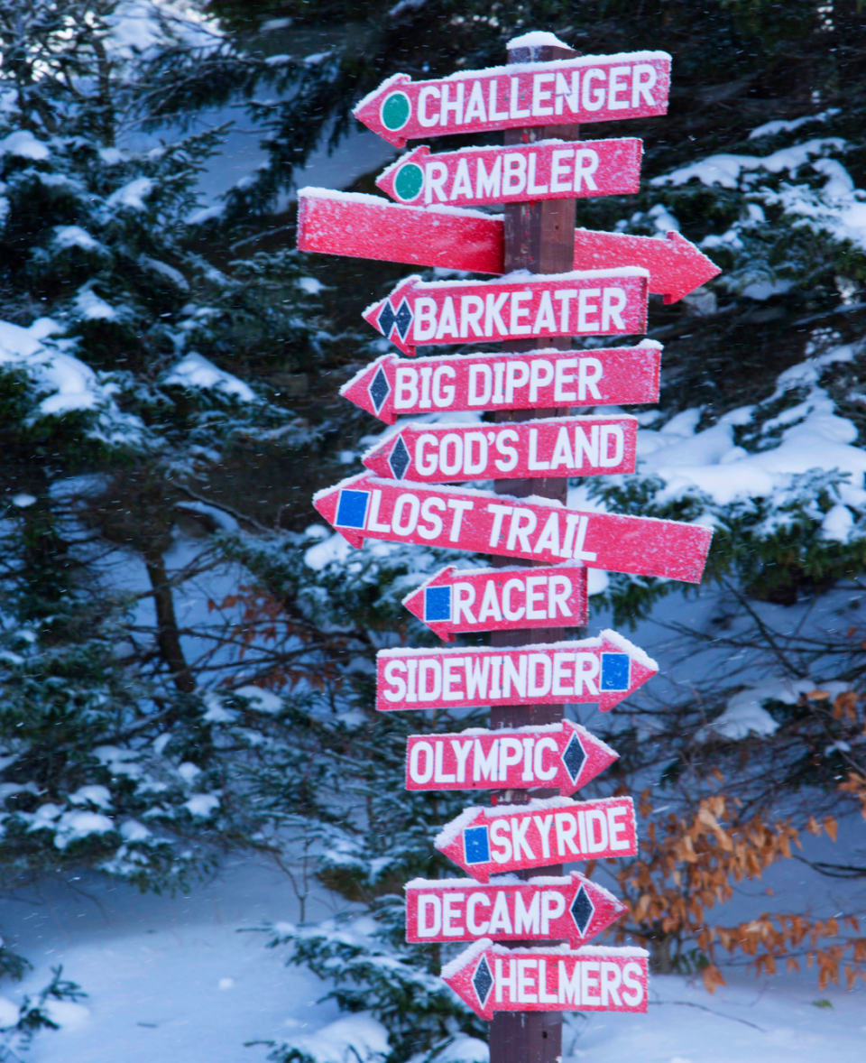 Snowy trail signs at McCauley Ski Area.