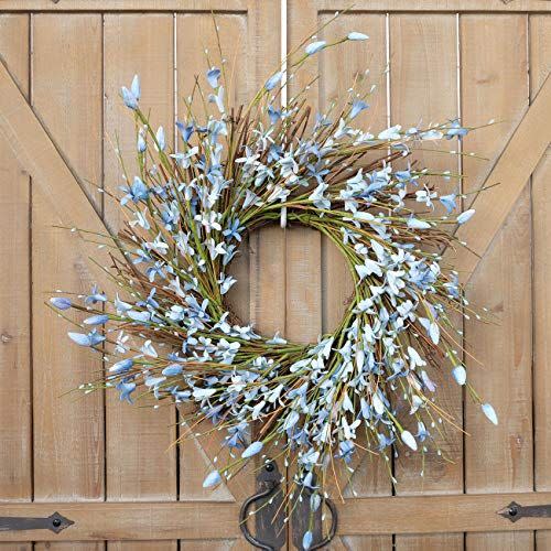 Bibelot 14 inch Artificial Forsythia Flower Wreath, All Year Around Wreath for Front Door, Wedding Window Home Wall Indoor Front Door Decor (Blue, 14in)