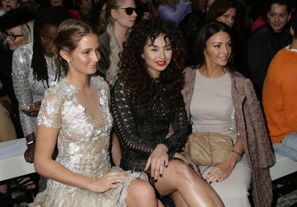 (left to right) Millie Mackintosh, Ella Eyre and Michelle Keegan attending the Julien Macdonald Autumn/Winter 2015 London Fashion Week show, at The Foreign and Commonwealth Office, London. PRESS ASSOCIATION Photo. Picture date: Saturday February 21, 2015. Photo credit should read: Yui Mok/PA Wire