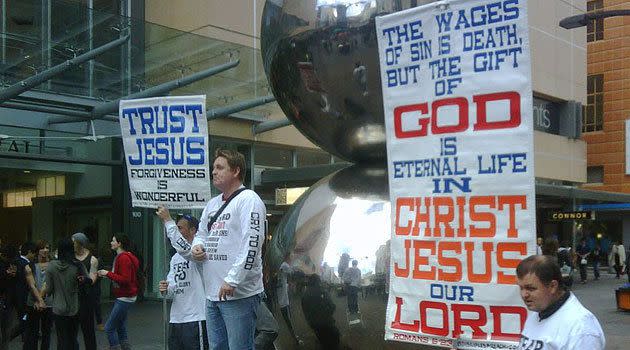 The Street Church preachers have returned to the 'Mall's Balls' in Adelaide this afternoon.