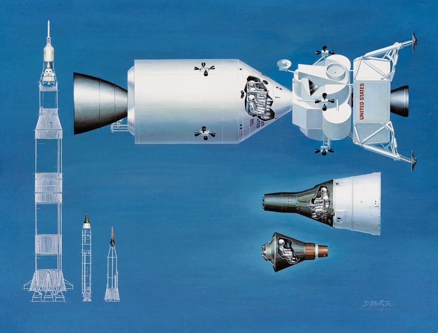 Size comparisons of Mercury, Gemini, and Apollo space craft and launch vehicles. (NASA)
