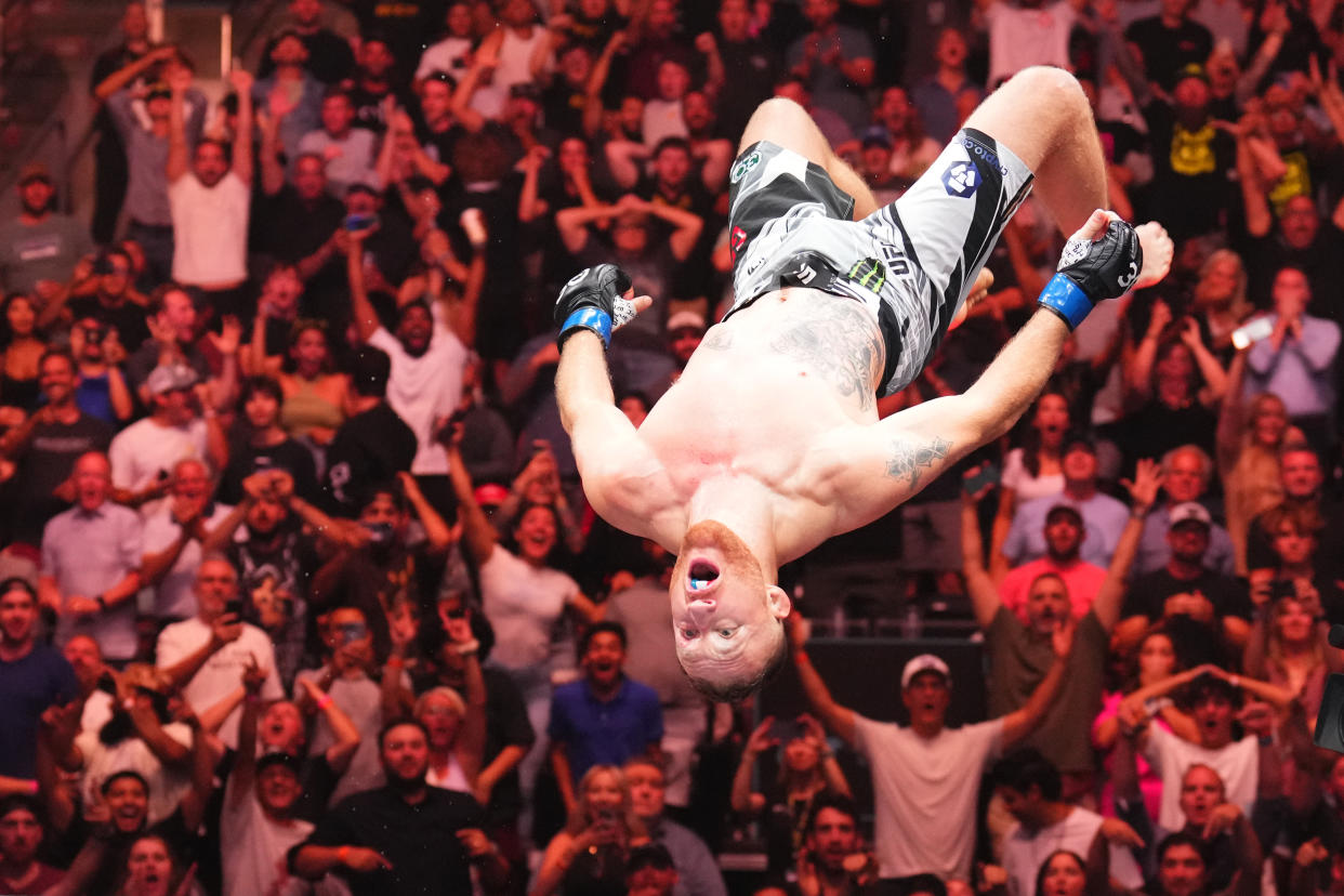 SALT LAKE CITY, UTAH - JULY 29: Justin Gaethje celebrates his KO victory over Dustin Poirier in a lightweight fight for the BMF belt during the UFC 291 event at Delta Center on July 29, 2023 in Salt Lake City, Utah. (Photo by Josh Hedges/Zuffa LLC via Getty Images)