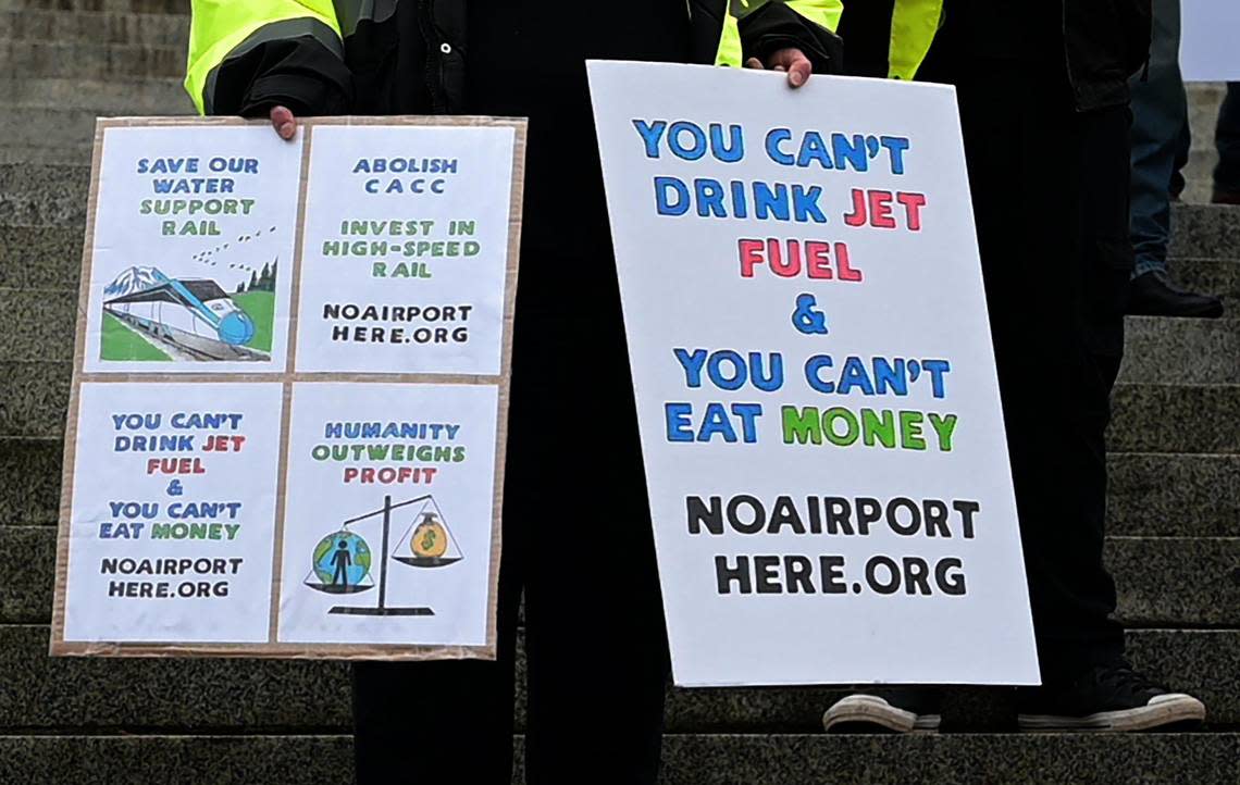 A vocal crowd of over 100 people representing Thurston, Pierce, Mason and King counties gathered Wednesday, Jan. 25, 2023 on the state Capitol steps in Olympia to protest several potential airport sites targeted for their communities.