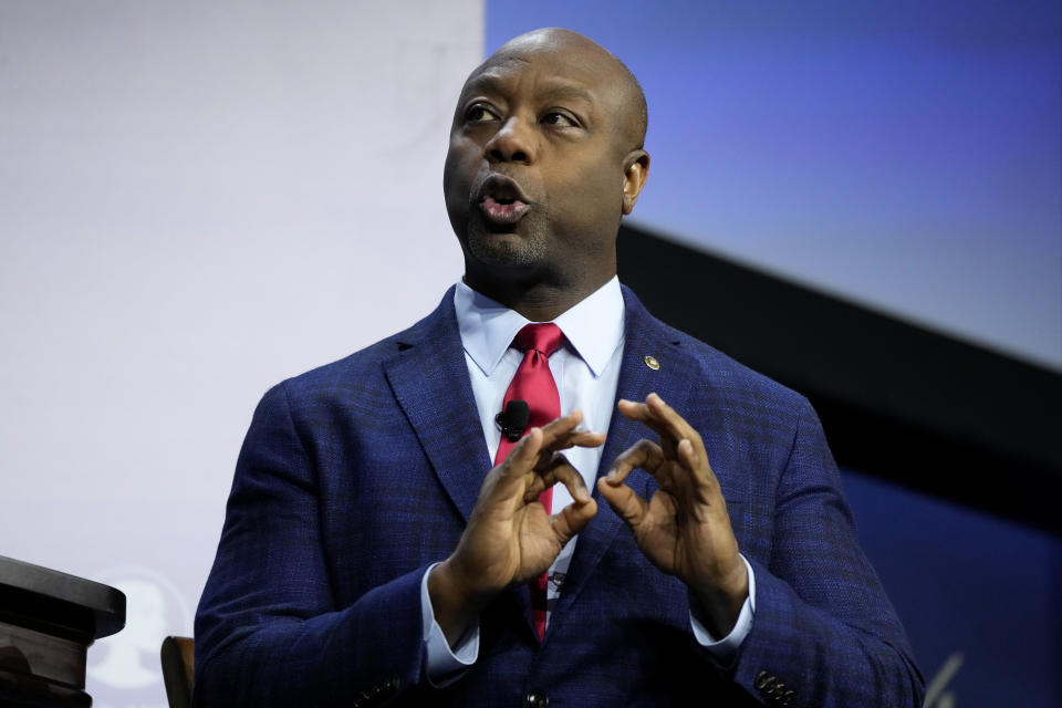 Republican presidential candidate Sen. Tim Scott, R-S.C., speaks during the Family Leadership Summit, Friday, July 14, 2023, in Des Moines, Iowa. (AP Photo/Charlie Neibergall)