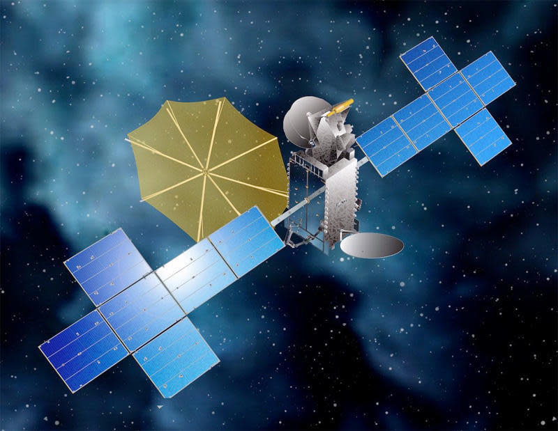 An artist's impression of the Maxar-built SXM-8 radio relay satellite with its solar arrays and antennas deployed. / Credit: Maxar