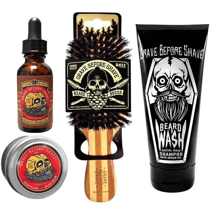 <p><strong>Grave Before Shave</strong></p><p>amazon.com</p><p><strong>$49.99</strong></p><p><a href="https://www.amazon.com/dp/B075RNHSPL?tag=syn-yahoo-20&ascsubtag=%5Bartid%7C10054.g.29658367%5Bsrc%7Cyahoo-us" rel="nofollow noopener" target="_blank" data-ylk="slk:Shop Now" class="link ">Shop Now</a></p><p>Grave Before Shave sort of sounds like a cult centered around people who share similarly shaped facial hair, but if you’re investing in a beard grooming kit maybe you...belong in one?</p>
