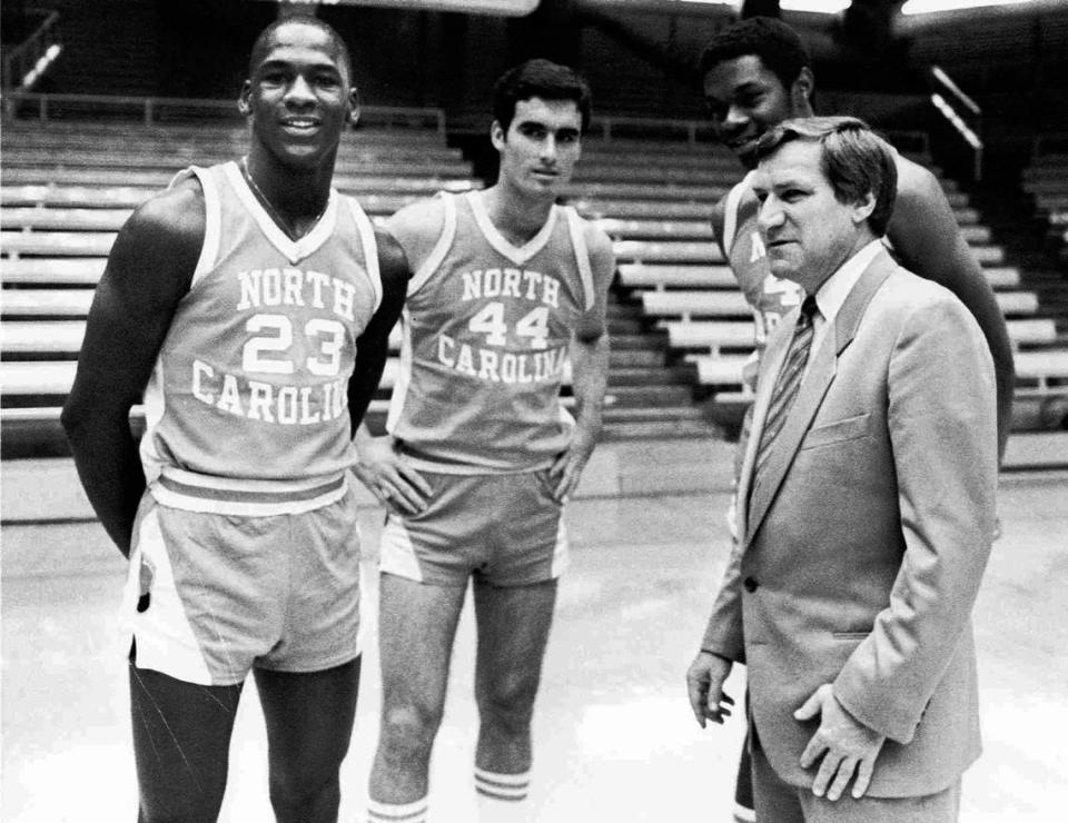 A 1982 photo of Michael Jordan, far left, Matt Doherty (44), Sam Perkins and coach Dean Smith, far right, of the University of North Carolina. The three were starters on the 1982 team that won Smith his first national championship.