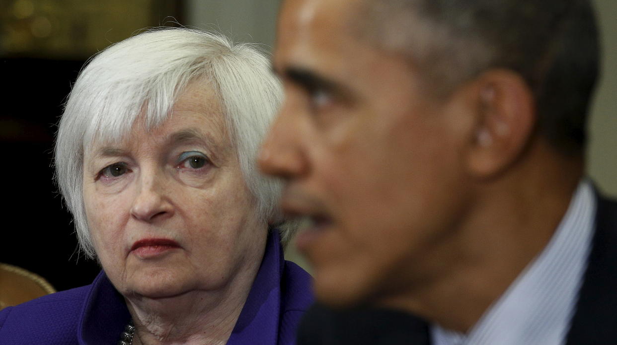 U.S. Federal Reserve Chair Janet Yellen listens as U.S. President Barack Obama holds a meeting with financial regulators to receive an update on their progress in implementing Wall Street at the White House in Washington March 7, 2016. REUTERS/Kevin Lamarque