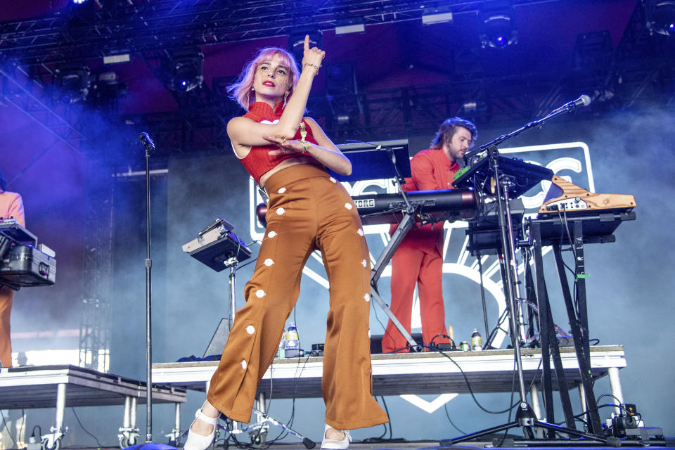 Flore Benguigui, of L'Imperatrice, performs at the Coachella Music & Arts Festival at the Empire Polo Club on Saturday, April 16, 2022, in Indio, Calif. (Photo by Amy Harris/Invision/AP)