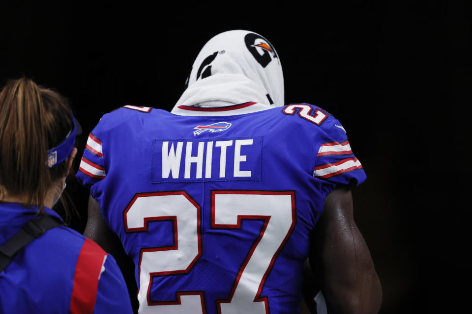 Buffalo Bills cornerback Tre'Davious White (27) walks to the locker room after being injured in the first half of an NFL football game against the New Orleans Saints in New Orleans, Thursday, Nov. 25, 2021. (AP Photo/Butch Dill)