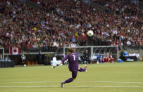 Goalie Hope Solo #1 of the United States kicks the ball back into play during first half of championship action against Canada at the 2012 CONCACAF Women's Olympic Qualifying Tournament at BC Place on January 29, 2012 in Vancouver, British Columbia, Canada. (Photo by Rich Lam/Getty Images)