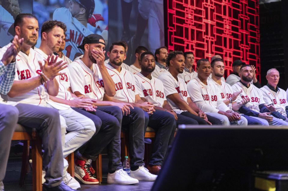 Boston Red Sox gather during the baseball team's fan fest Friday, Jan. 17, 2020, in Springfield, Mass. (Leon Nguyen//The Republican via AP)