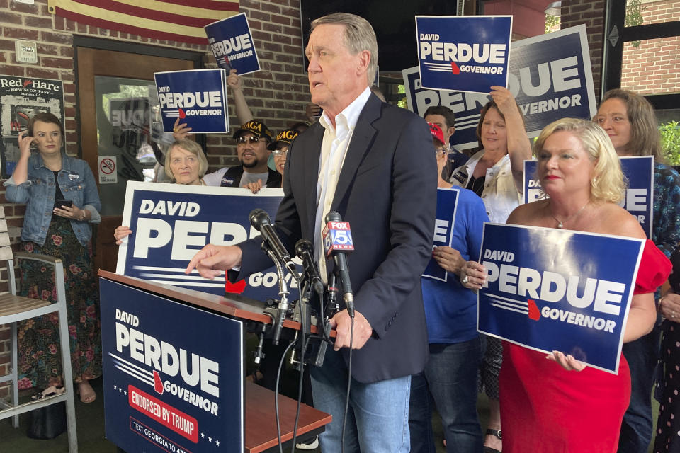 Republican candidate for Georgia governor and former U.S. Sen. David Perdue speaks in Dunwoody, Ga. on Monday, May 23, 2022. (AP Photo/Sudhin S. Thanawala)