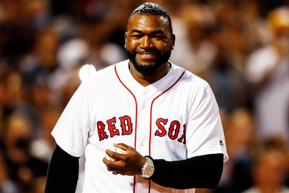 Former Boston Red Sox great David Ortiz reacts before the game between the Boston Red Sox and the New York Yankees at Fenway Park on September 26, 2021 in Boston, Massachusetts. (Photo by Omar Rawlings/Getty Images)