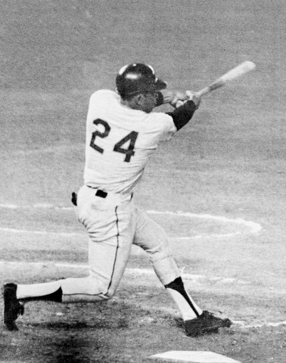 FILE - San Francisco Giants baseball player Willie Mays connects for his 600th lifetime home run in San Diego, in this Sept. 23, 1969, file photo. Just about everyone saw something in Mays. Mays turns 90 on Thursday, May 6, 2021. (AP Photo/File)