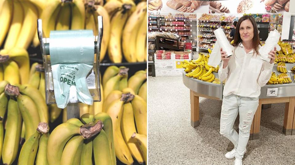 Anita Horan, an Australian plastic reduction activist, posing with the bags on the right. ALDI has stopped giving out plastic bags for bananas (left is a stock image) after a trial triggered by her request.