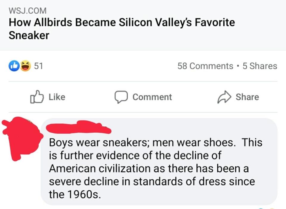 "Boys wear sneakers; men wear shoes"