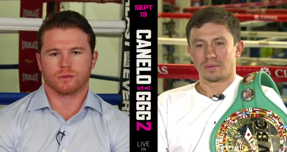 Canelo Alvarez and Gennady Golovkin showed little emotion during a news conference streamed on Facebook. (Screenshot via Facebook)