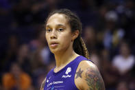 FILE - Phoenix Mercury center Brittney Griner pauses on the court during the second half of a WNBA basketball game against the Seattle Storm, Sept. 3, 2019, in Phoenix. The Biden administration has determined that Griner is being wrongfully detained in Russia, meaning the United States will more aggressively work to secure her release even as the legal case against her plays out, two U.S. officials said Tuesday, May 3, 2022. (AP Photo/Ross D. Franklin, File)