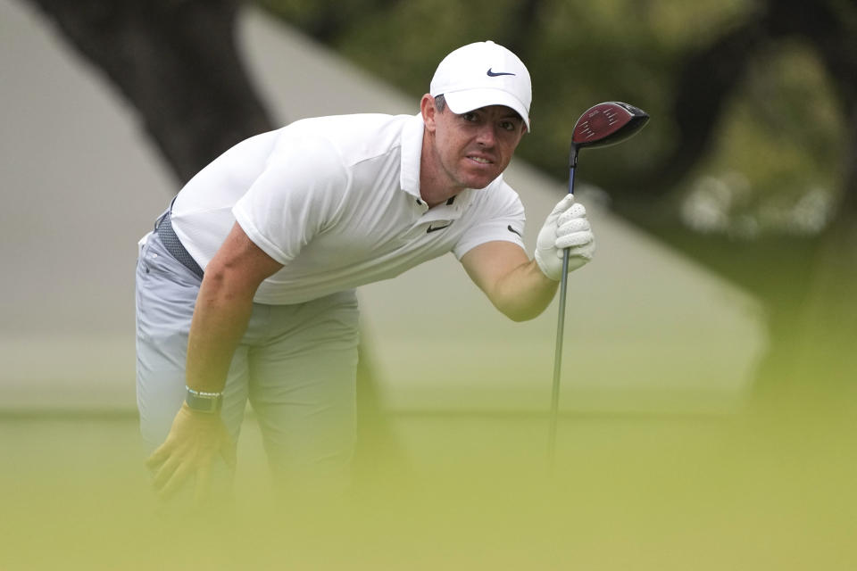 Rory McIlroy, of Northern Ireland, watches his drive on the eighth tee during a semifinal round at the Dell Technologies Match Play Championship golf tournament in Austin, Texas, Sunday, March 26, 2023. (AP Photo/Eric Gay)