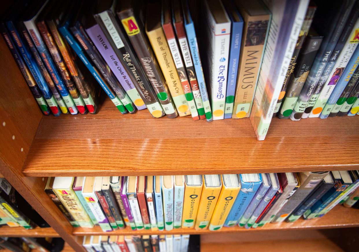 Children's books inside the library at Sunset Middle School  is in Brentwood, Tenn., Tuesday, Feb. 22, 2022. 