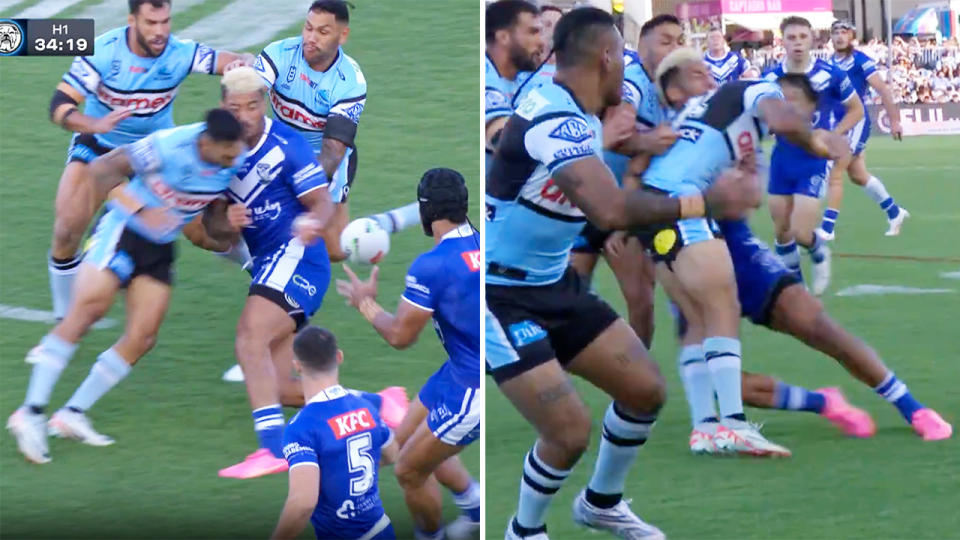 Briton Nikora in action for the Sharks against the Bulldogs.