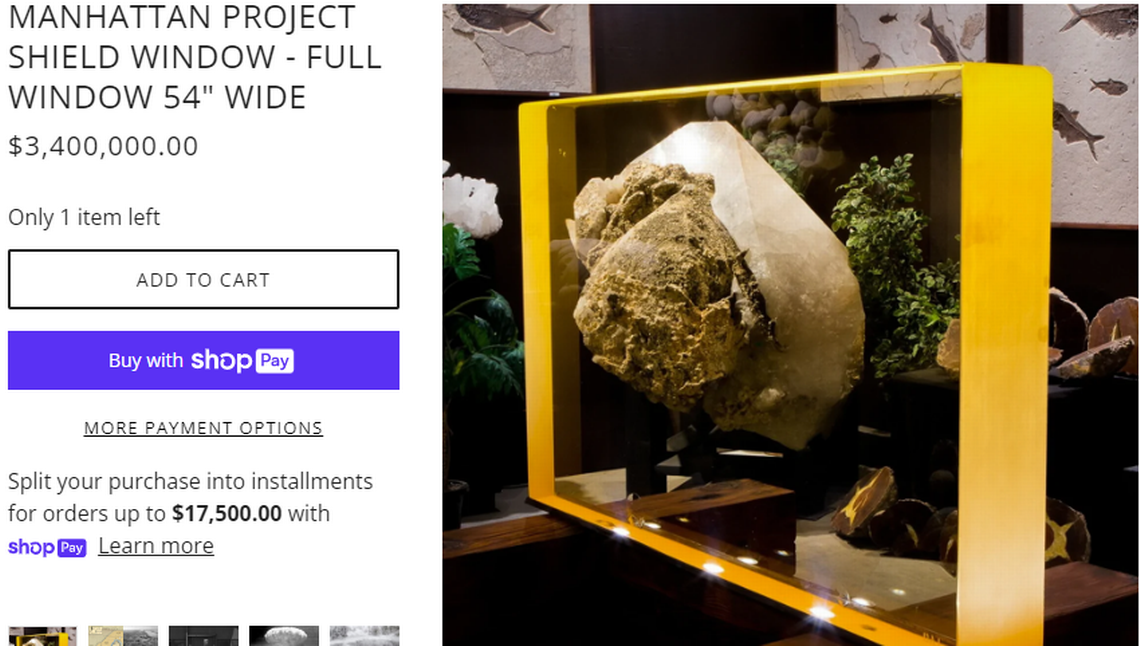 Minimuseum.com is selling what it says is a shield window from Hanford’s historic T Plant. The rock in the center of the picture is a crystal placed behind the window to demonstrate its clarity.