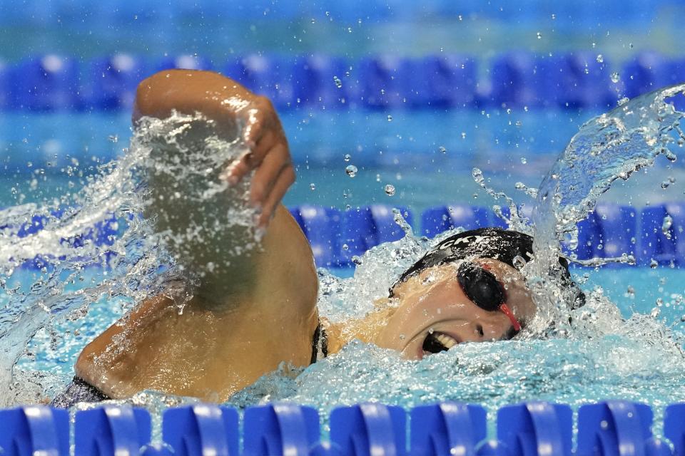 Katie Ledecky participates in the Women's 400 Freestyle during wave 2 of the U.S. Olympic Swim Trials on Monday, June 14, 2021, in Omaha, Neb. (AP Photo/Charlie Neibergall)