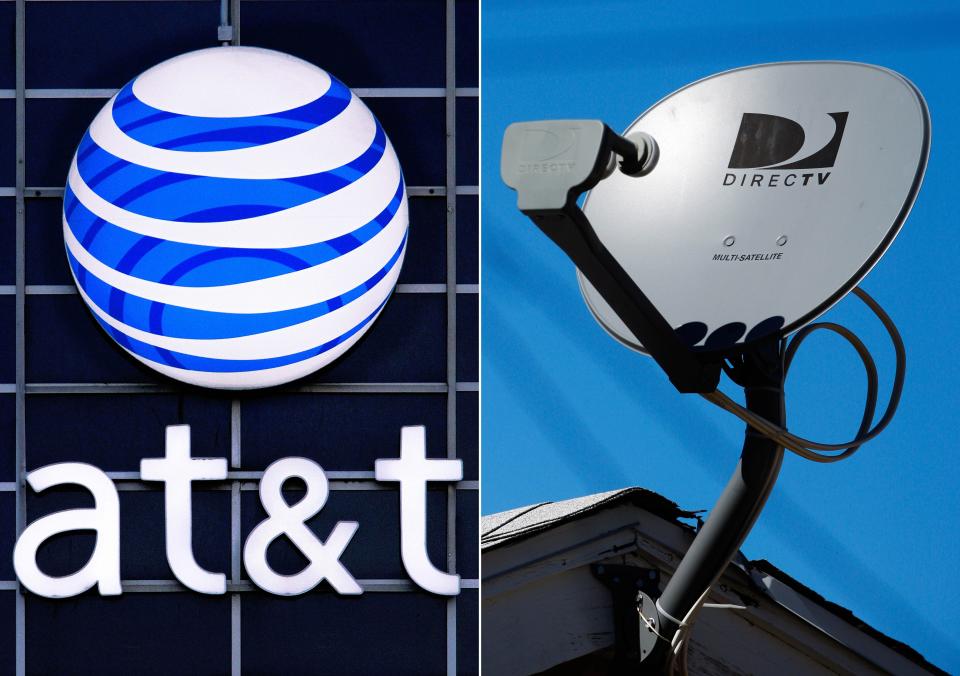The AT&T logo on the side of a corporate office in Springfield, Ill., left, and a DirecTV satellite dish atop a home.