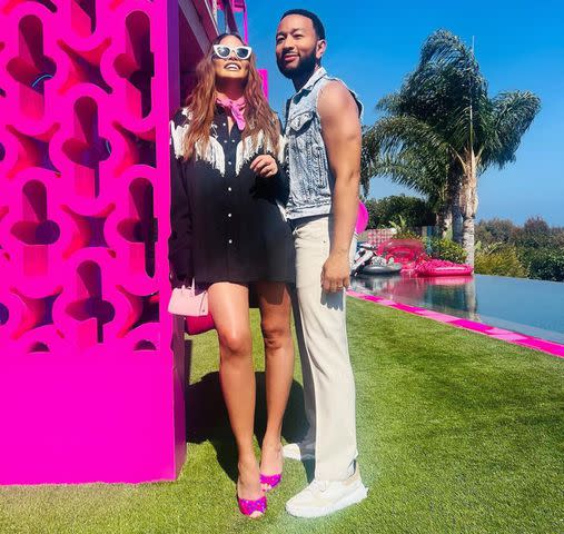 <p>Chrissy Teigen/Instagram</p> Teigen and Legend at Barbie/Ken's Airbnb home in Malibu