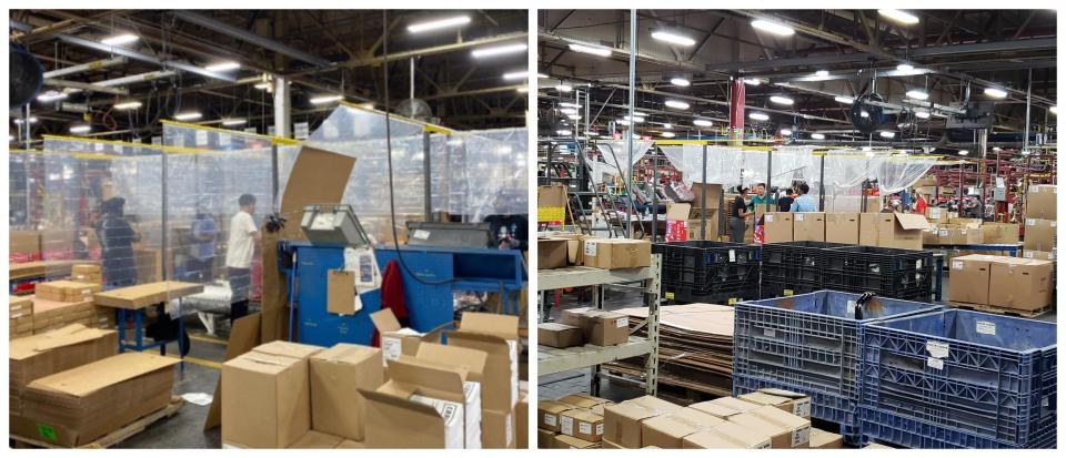 Briggs & Stratton provided this photo [LEFT] showing plastic barriers between workers at their Wisconsin plant. But another photo [RIGHT] provided by an employee a day later appears to show those same barriers rolled up.  / Credit: Briggs & Stratton / Courtesy of employee