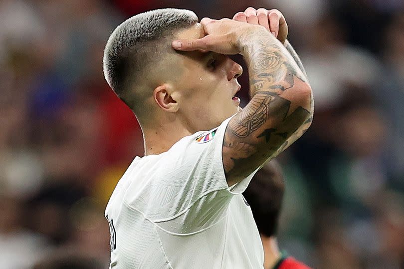 Benjamin Sesko of Slovenia reacts after his shot is saved by Diogo Costa of Portugal (not pictured) during the UEFA EURO 2024 round of 16 match between Portugal and Slovenia at Frankfurt Arena on July 01, 2024 in Frankfurt am Main, Germany.