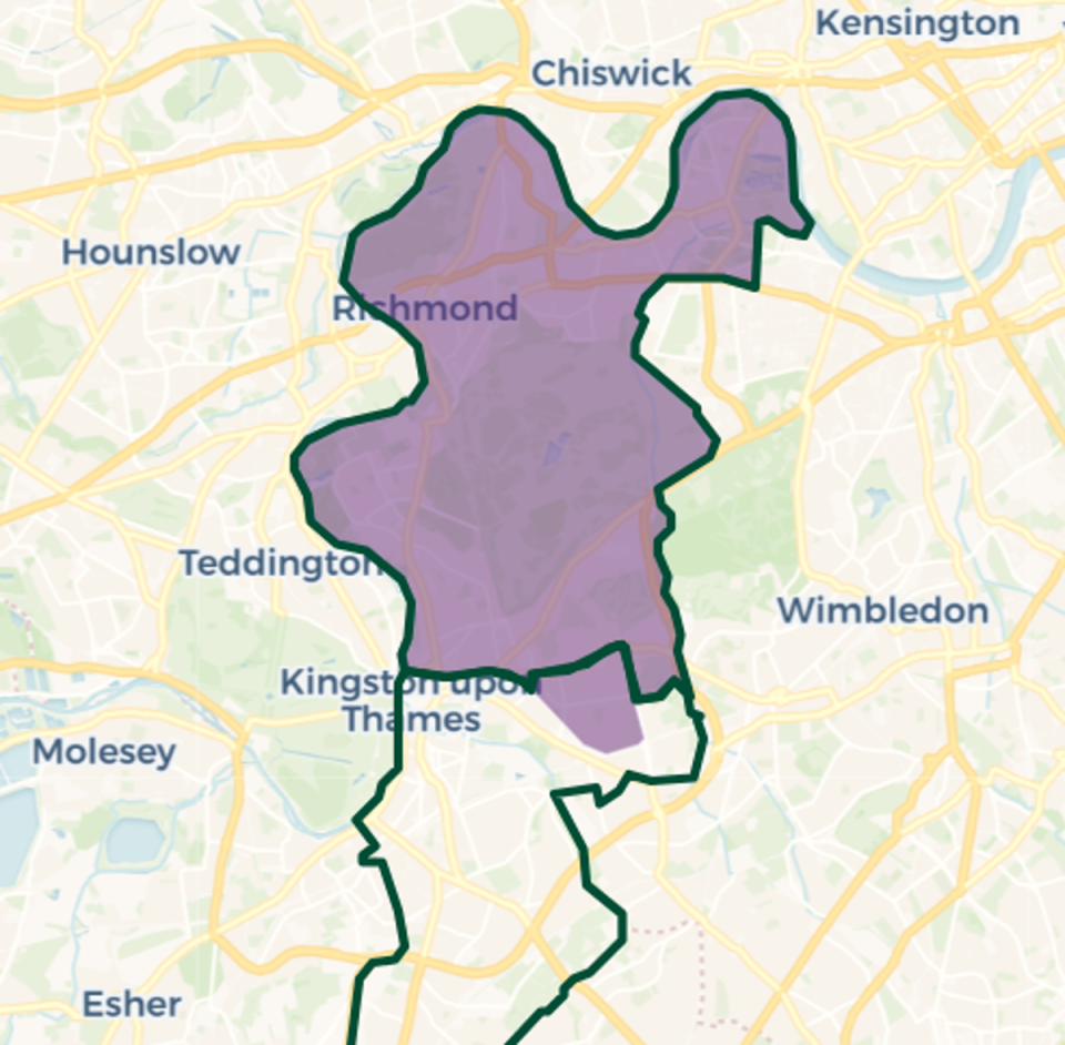 Richmond Park constituency map: Purple shaded area current constituency boundary. Green outlines: new constituency boundaries (© OpenStreetMap contributors | © CARTO)